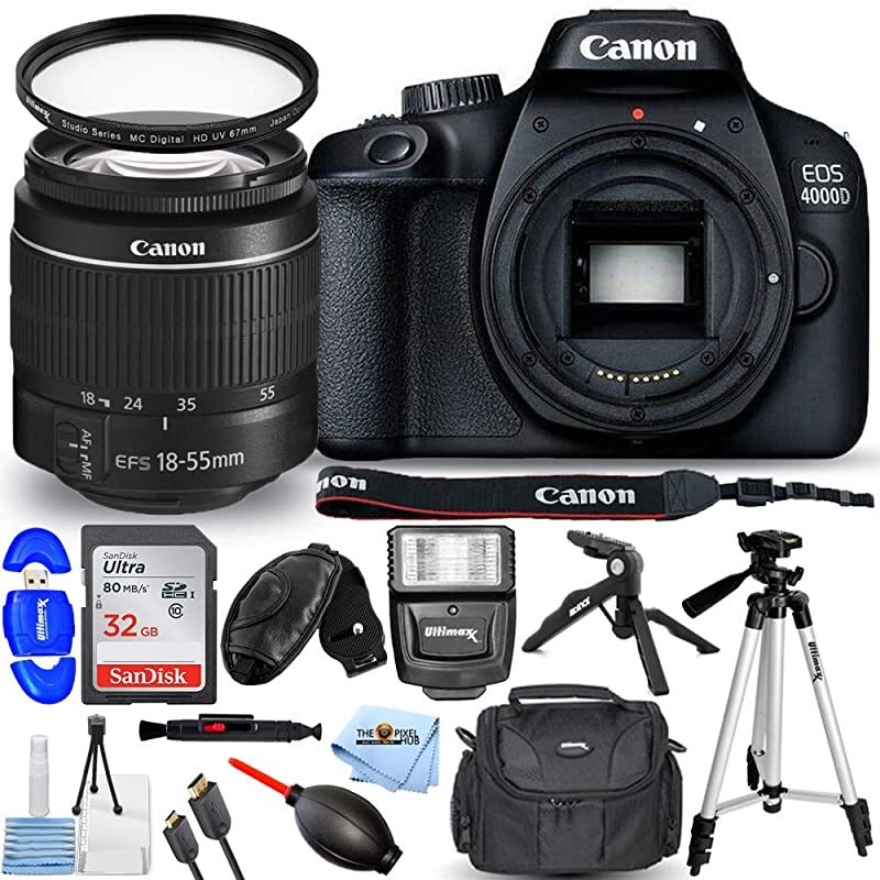 EOS 4000D / Rebel T100 with EF-S 18-55mm III Lens - Pro Bundle Includes: Ultra 32GB SD, LED Light Kit, Tripod, Gadget Bag, UV Filter, HDMI Cable and More