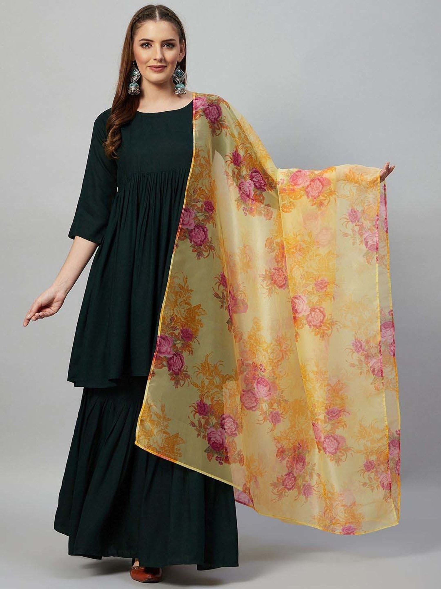 Inweave Yellow Floral Print Dupatta