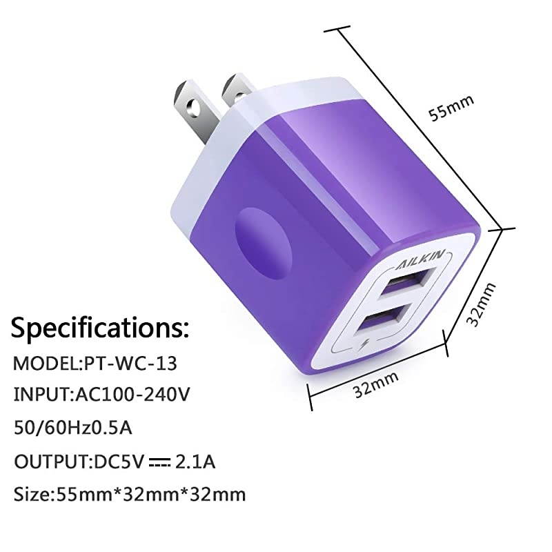 Charger Cube 21A Dual USB Travel Wall Charger USB Plug AC Adapter Base Box Plug Cube Replacement for iPhone X877 Plus6S6 Plus iPad Pro AirMini and Other Tablet Block Box CubePurple