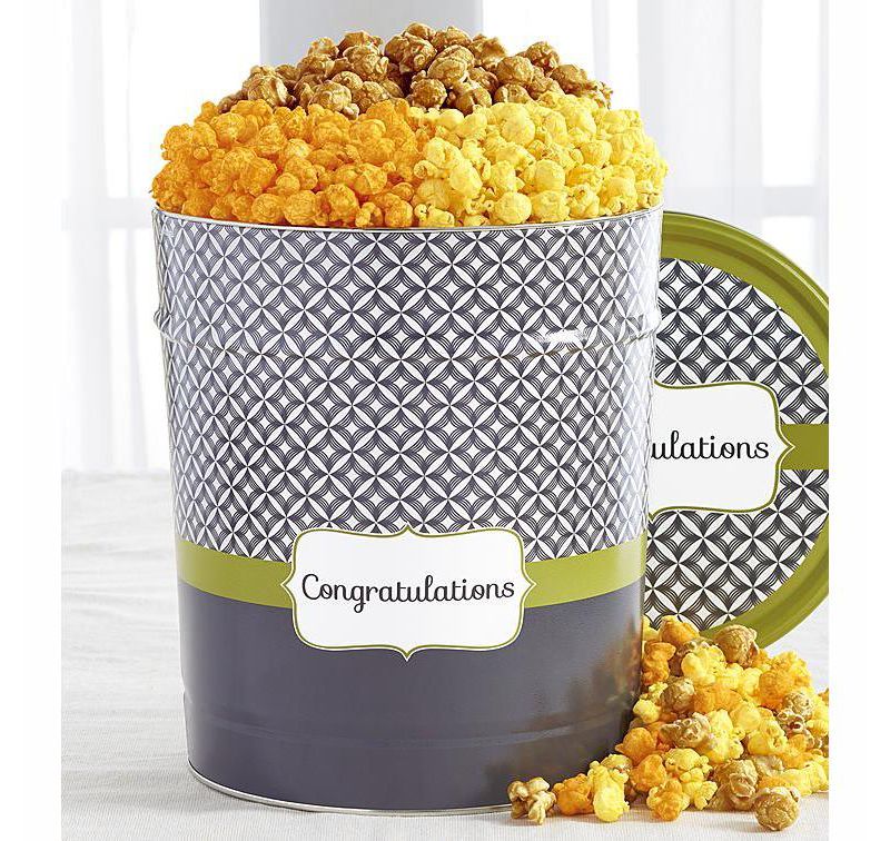 The Popcorn Factory Popcorn Gift Tin, Congrats, 3.5 Gallons (Robust Cheddar, Butter, Caramel)