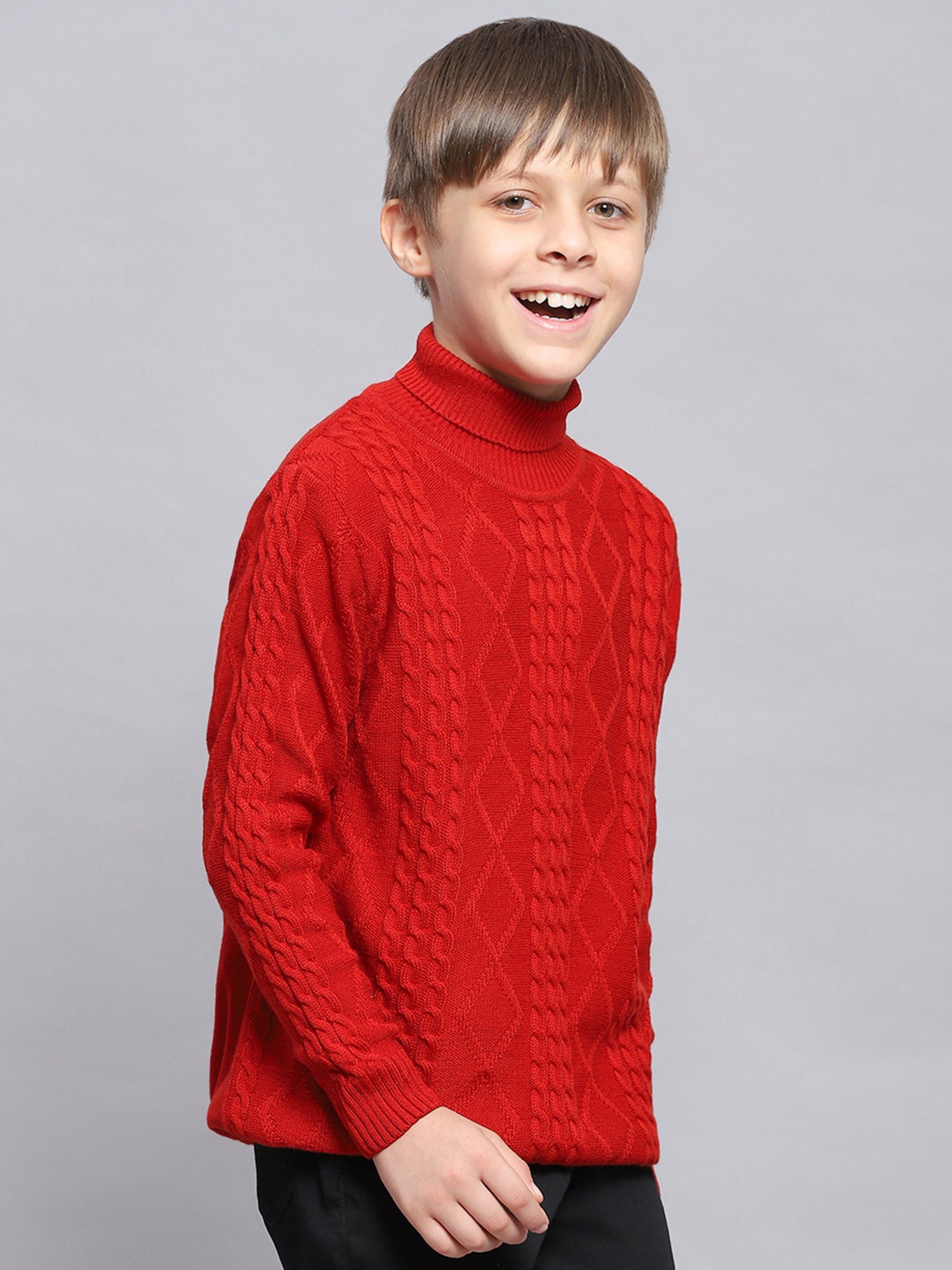 Monte Carlo Kids Red Self Design Full Sleeves Sweater