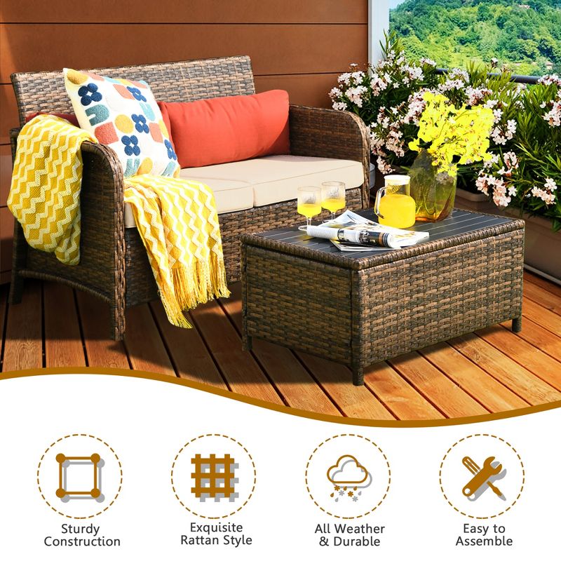 Costway 2PCS Patio Rattan Furniture Set Cushioned Loveseat Table Garden Deck