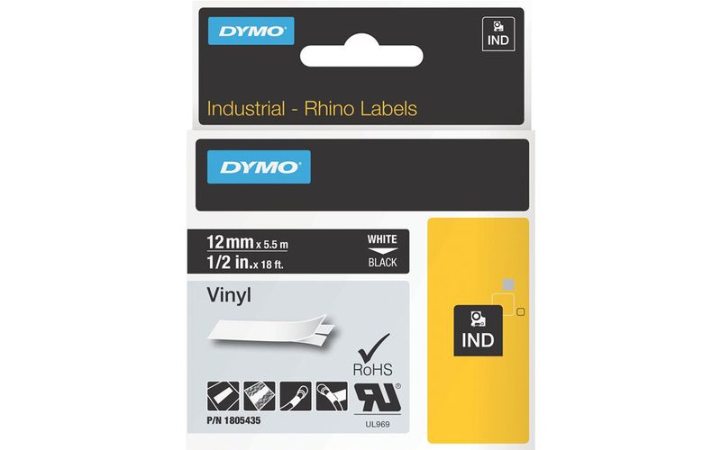Dymo White on Black Color Coded Label - Permanent Adhesive - 1/2" Width x 18 ft Length - Thermal Transfer - Black - Vinyl