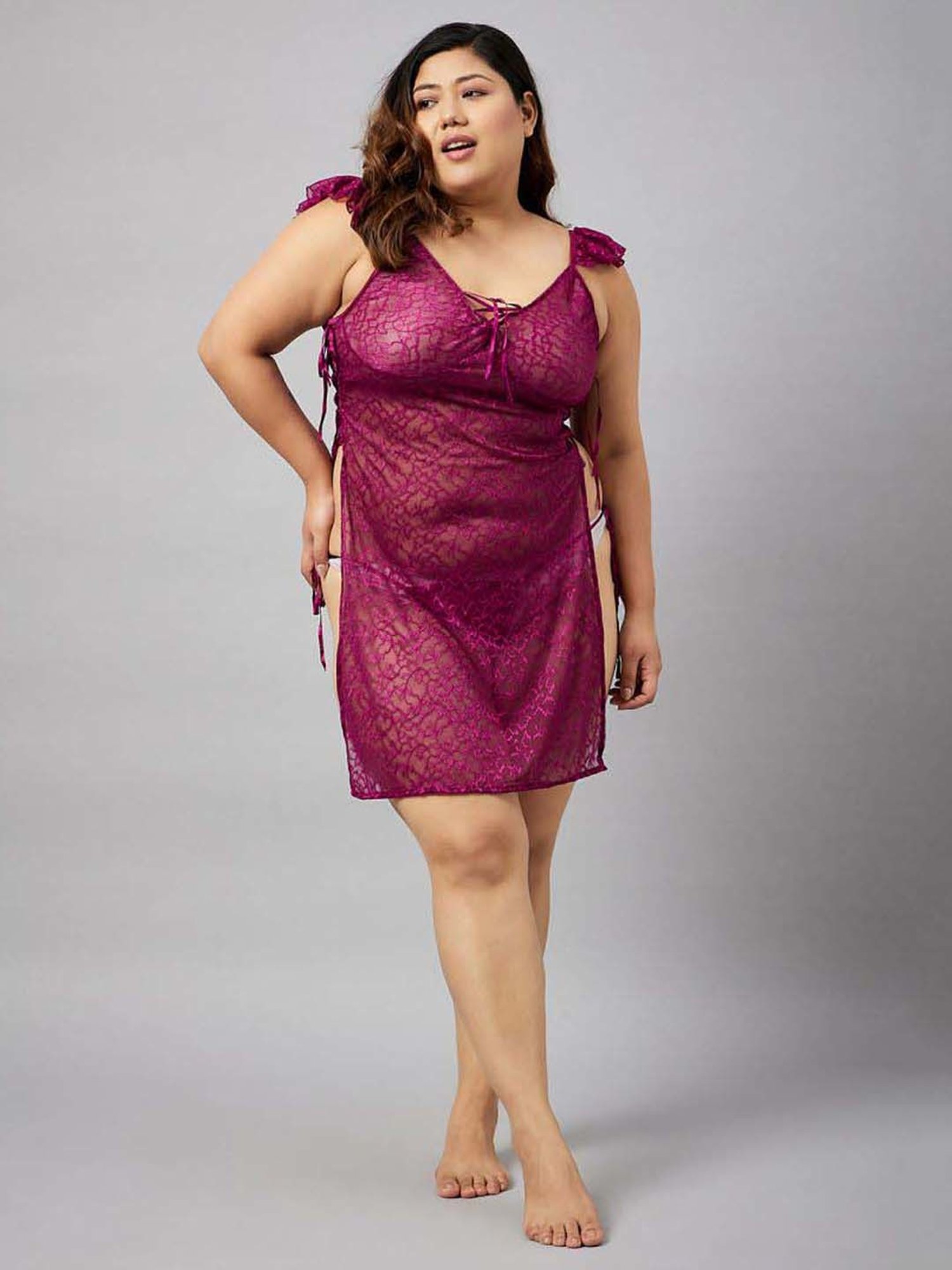 Secrets By ZeroKaata Purple & Black Lace Work Babydoll With Panty - Pack Of 2