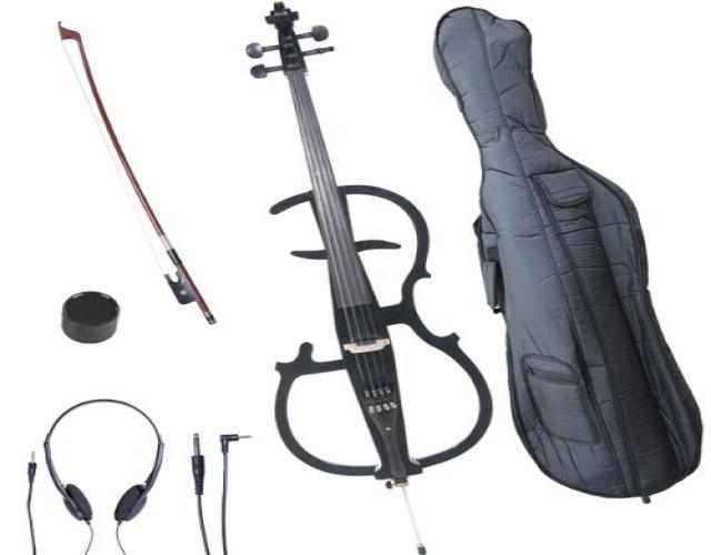 Cecilio CECO-2BK Full Size 4/4 Ebony Electric Silent Metallic Black Cello in Style 2 +Soft Case, Bow & Accessories