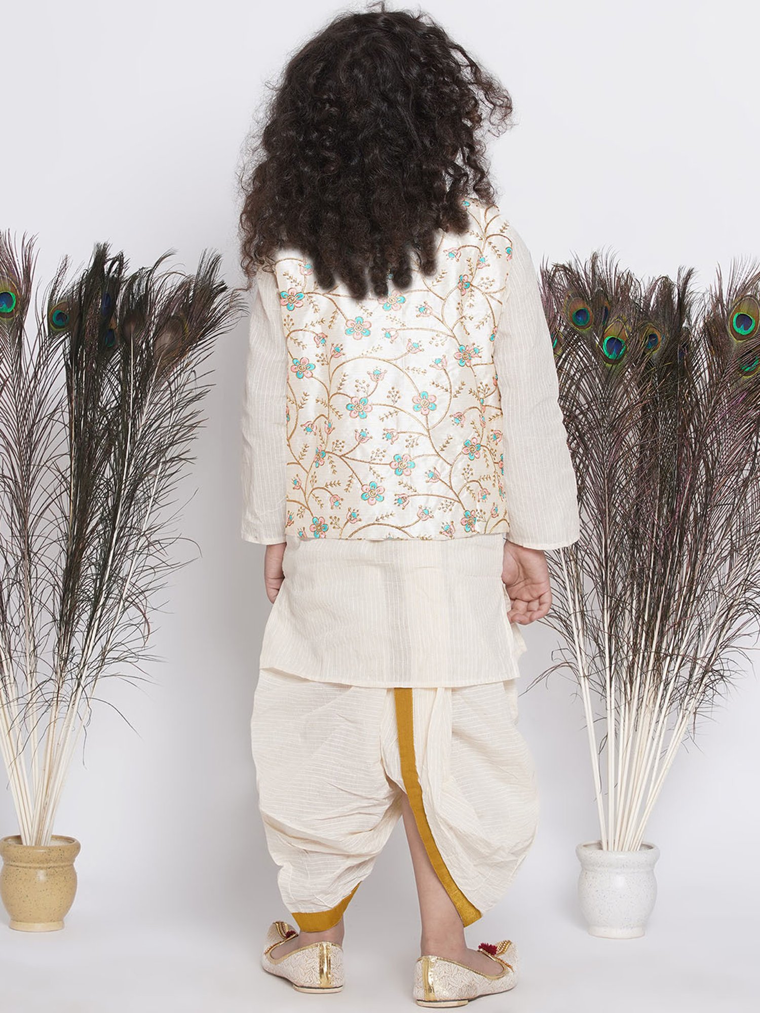 Little Bansi Kids Cream Embroidered Full Sleeves Kurta , Jacket with Dhoti