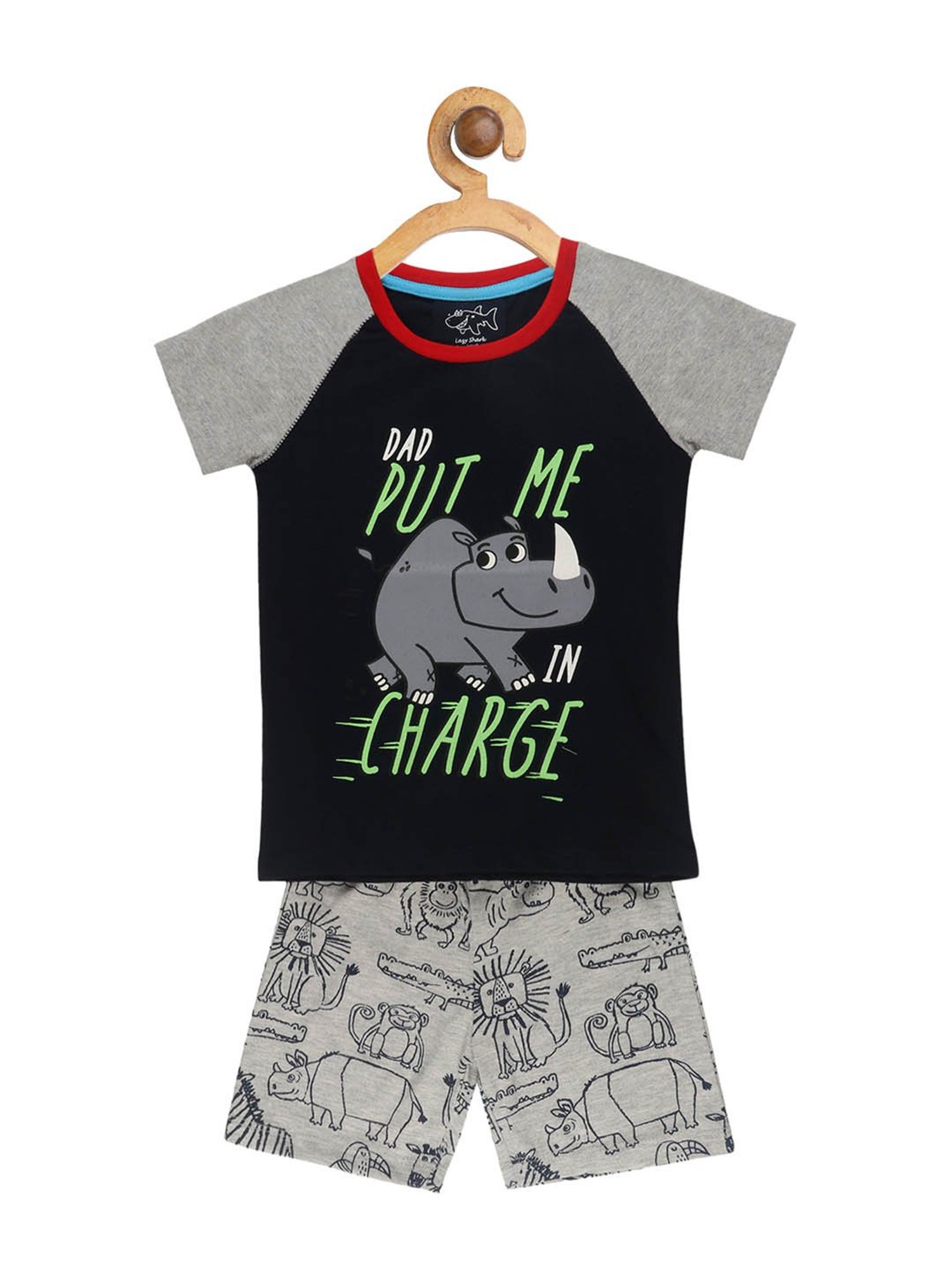 Lazy Shark Kids Red & Navy Printed  T-Shirt with  Shorts