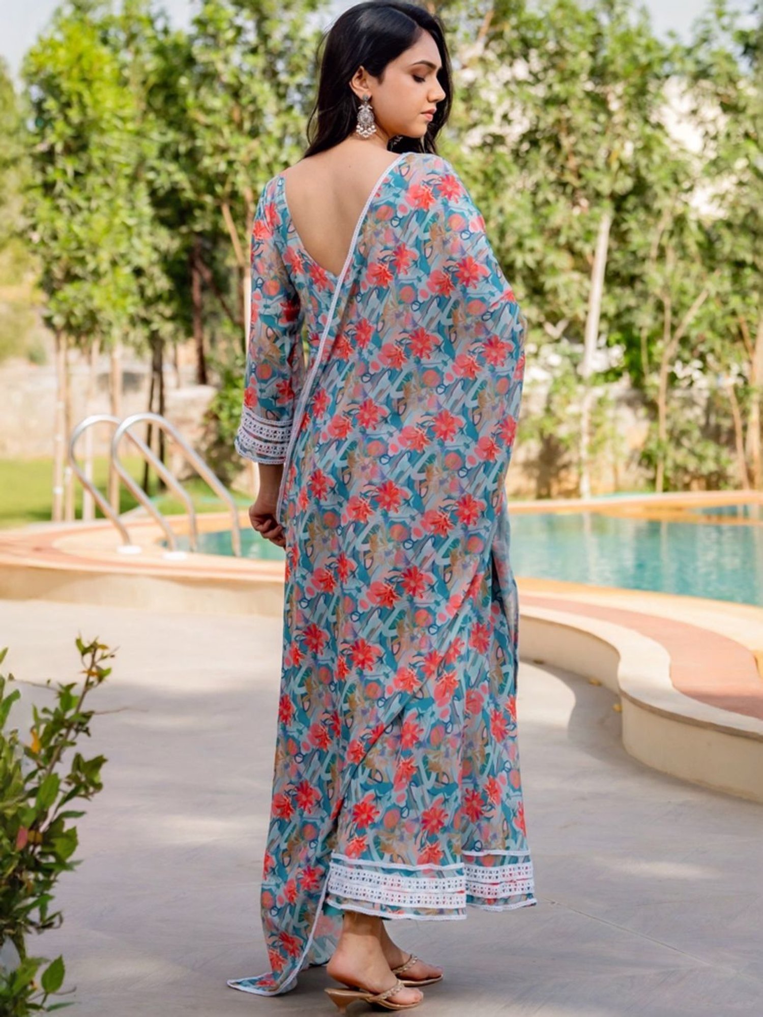 HOUSE OF JAMOTI Blue Printed Anarkali Kurta With Dupatta