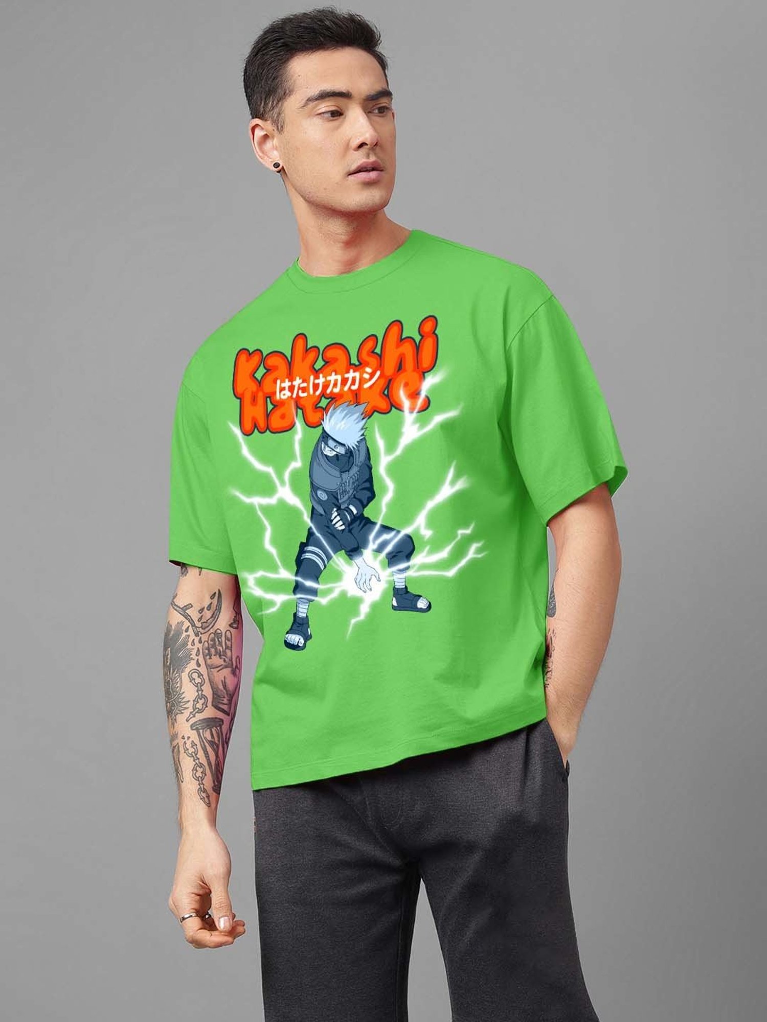 Free Authority Green Loose Fit Naruto Printed Crew T-Shirt