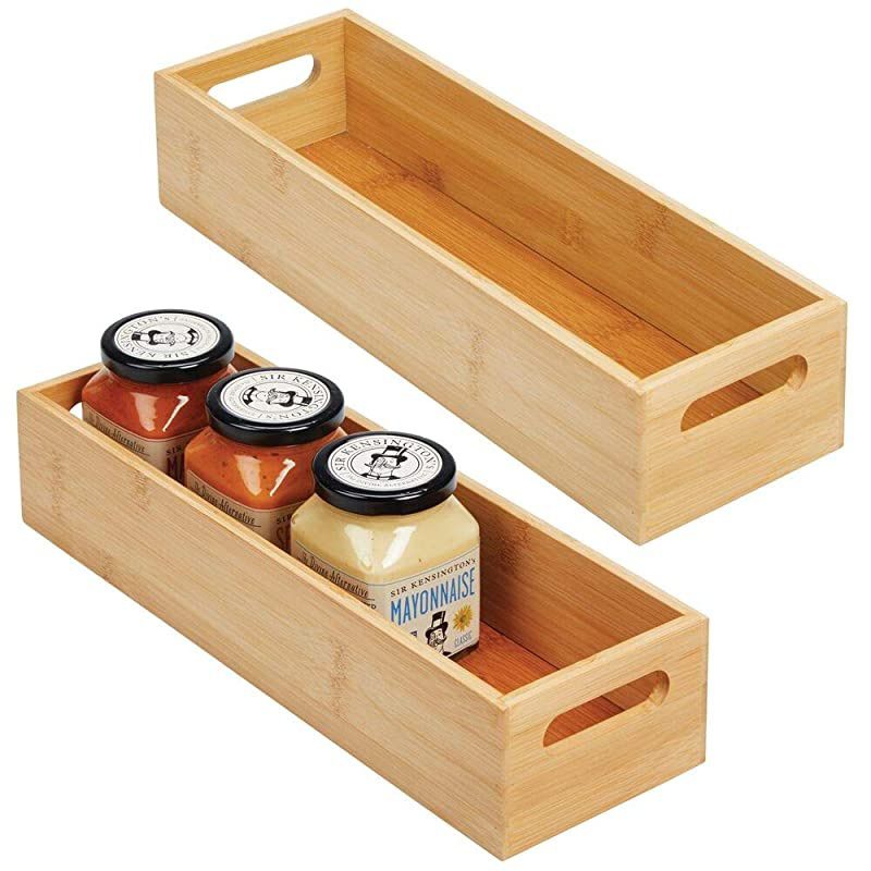 Slim Bamboo Kitchen Cabinet Fridge Drawer Organizer Tray Storage Bin for Cutlery Serving Spoons Cooking Utensils Gadgets 46 Wide 2 Pack Natural Wood Finish