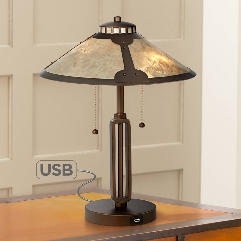 Franklin Iron Works Mission Desk Table Lamp with Hotel Style USB Charging Port Industrial Rubbed Bronze Natural Mica Shade for Bedroom Office