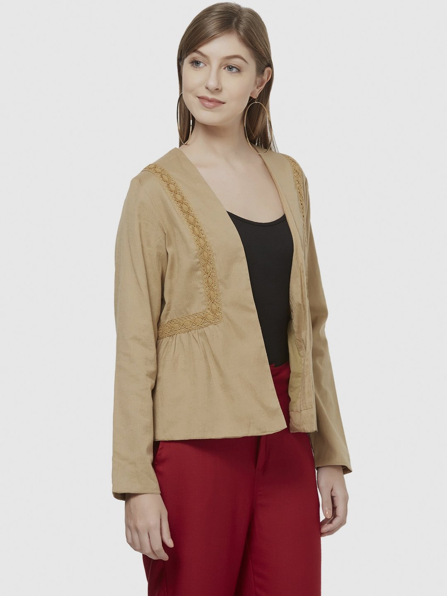 Fusion Beats Beige Cotton Embroidered Shrug