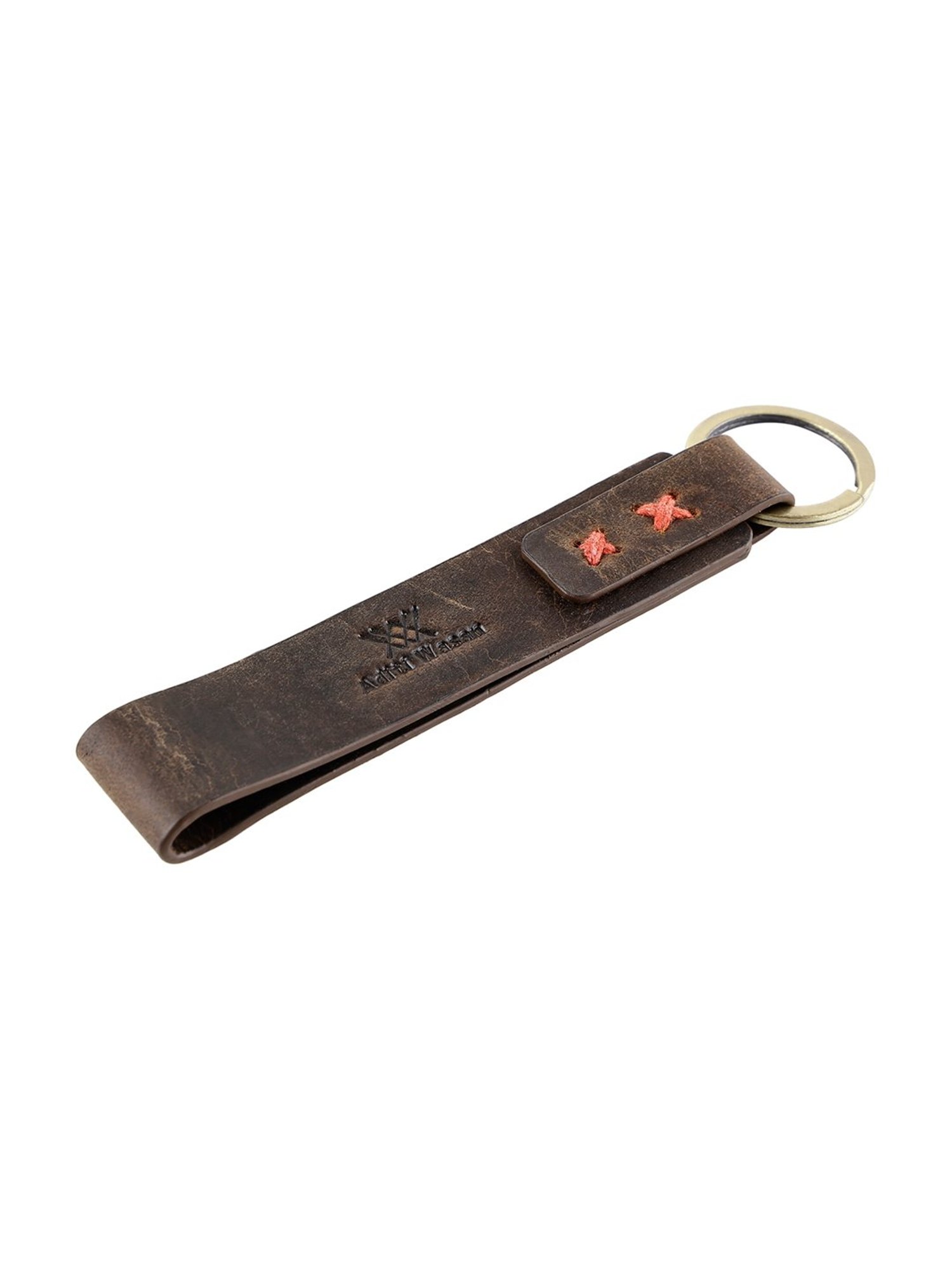 Aditi Wasan Brown Leather Keyring with Red Stiched Detailing and Hook