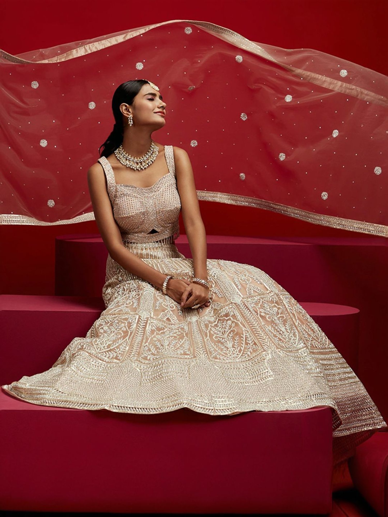 Libas Art Peach Embellished Lehenga Choli Set With Dupatta