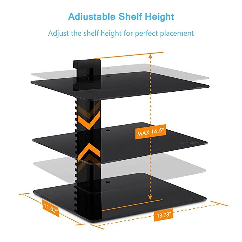 Floating Wall Mounted Shelf AV Mount Shelf Holds up to 165lbs DVD DVR Component Shelf with Strengthened Tempered Glass Perfect for DVD Players TV Box and Cable Box by