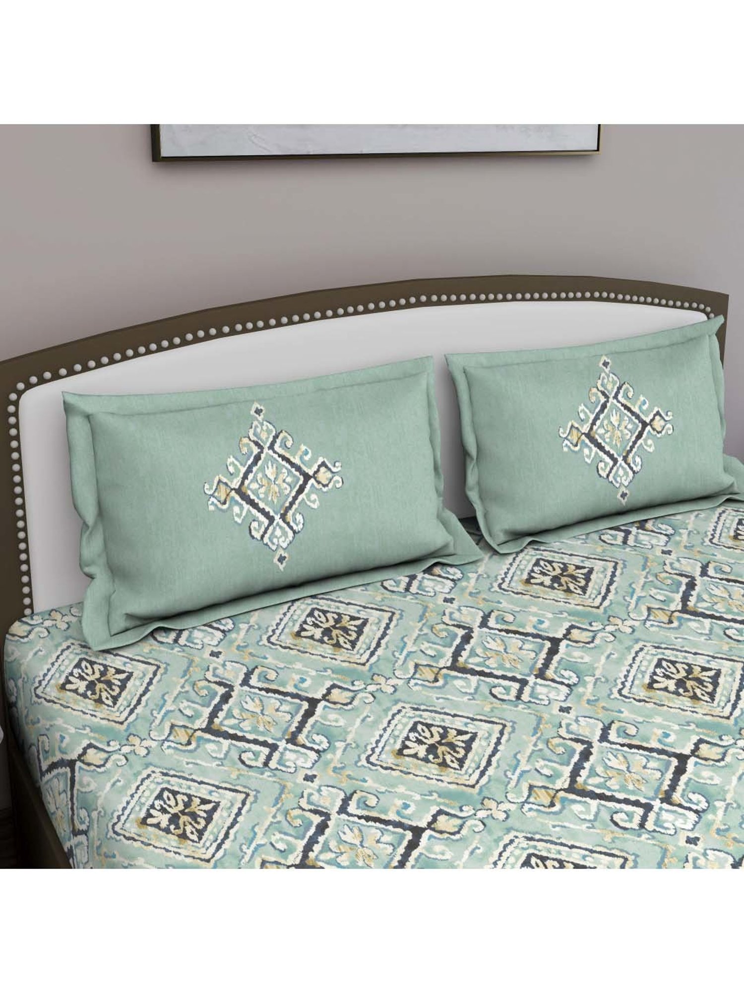 GM 'Fiesta' Sage Green Cotton 180 TC Double Bedsheet with 2 Pillow Covers