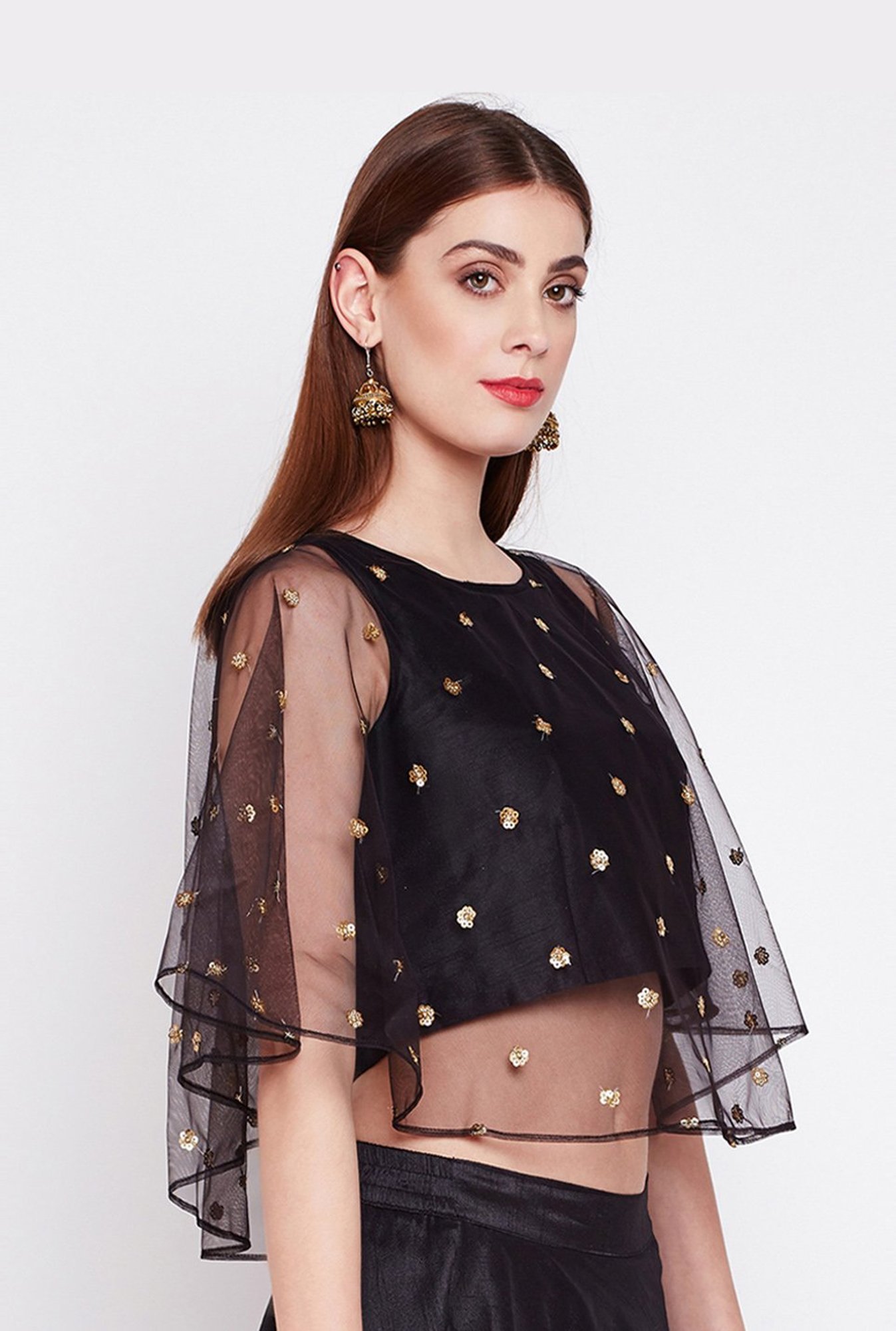 Studio Rasa Black Embellished Cape Top