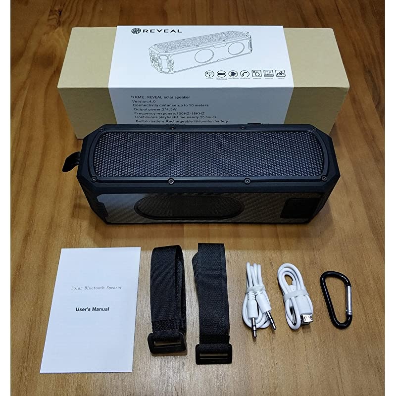 Solar Speaker - Solar Powered Portable Bluetooth Speaker with Carbon Fiber Exterior, 60 hrs Music Playtime, Phone/Tablet Charging Capability, Water Resistant Splash Proof by  Shop (Black)