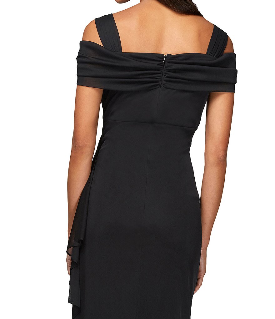 Alex Evenings Exposed-Shoulder Draped Cap-Sleeve Ruched Waterfall Hem Mesh Gown