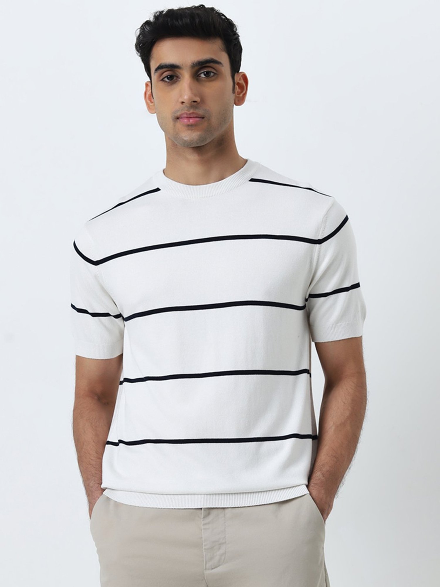 Ascot by Westside Navy Striped Relaxed-Fit Knitted T-Shirt
