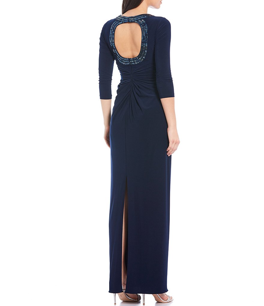 Adrianna Papell Beaded Round Neck 3/4 Sleeve Twist Front Jersey Gown
