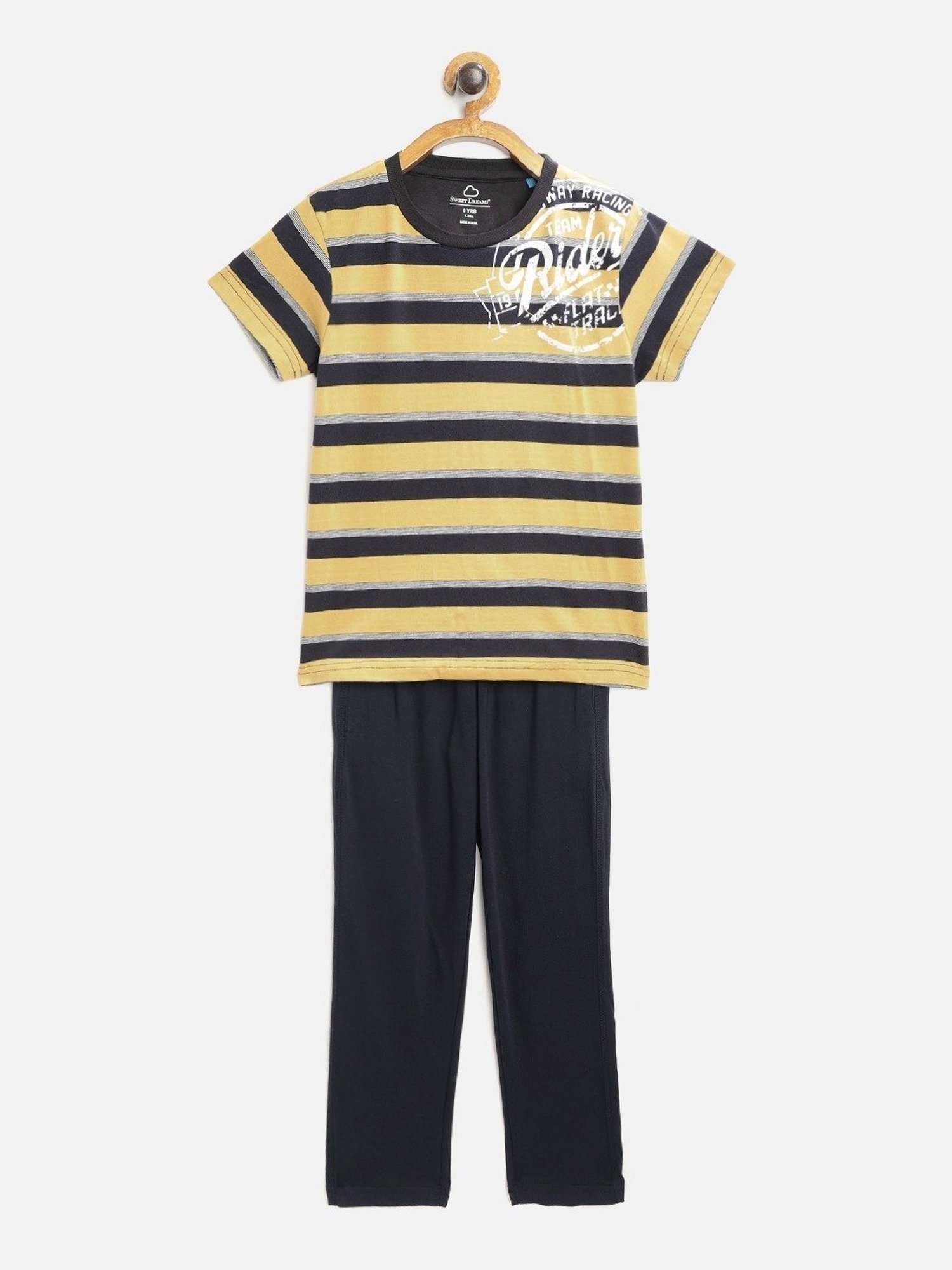 Sweet Dreams Kids Mustard & Black Cotton Striped T-Shirt Set
