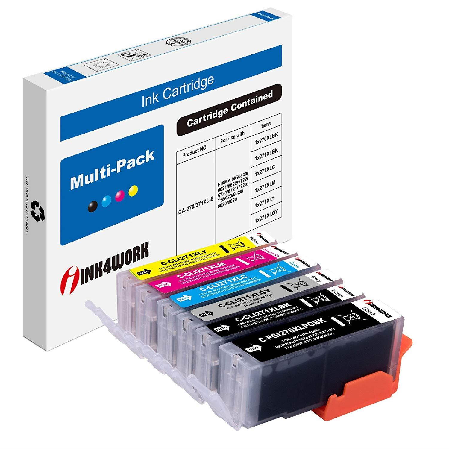 INK4WORK 6 Pack Compatible Ink Cartridge Replacement (with Gray) for Canon PGI-270XL CLI-271XL PGI270 XL CLI271 XL for Canon PIXMA PIXMA TS8020 TS9020 MG7720