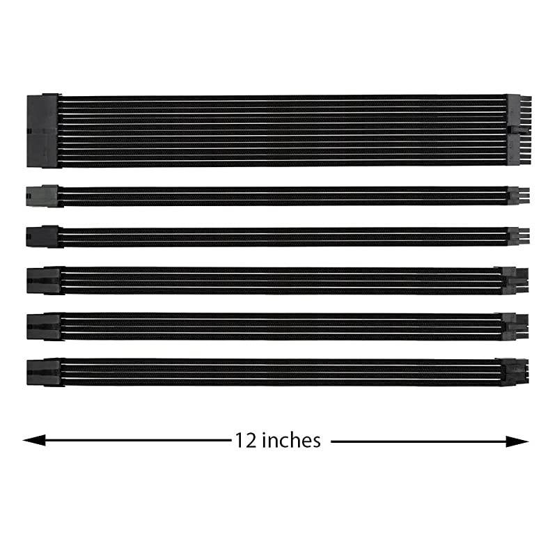 Braided ATX Sleeved Cable Extension Kit for Power Supply Cable Kit PSU Connectors 24 Pin 8 Pin 6 Pin 4 + 4 Pin 6 Pack with Cable Comb 24 Pieces Set 24Pin 8Pin 6Pin Black