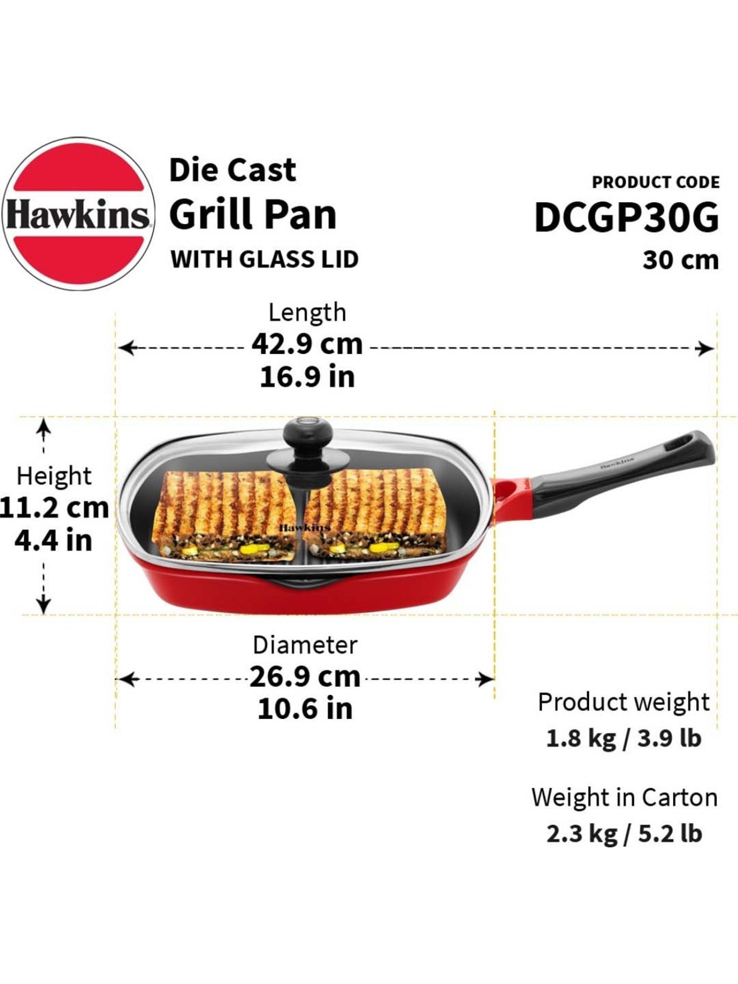 Hawkins Die-Cast Red Aluminium 26.9 cm Non-Stick Grill Pan With Glass Lid (3 L) - Set of 1