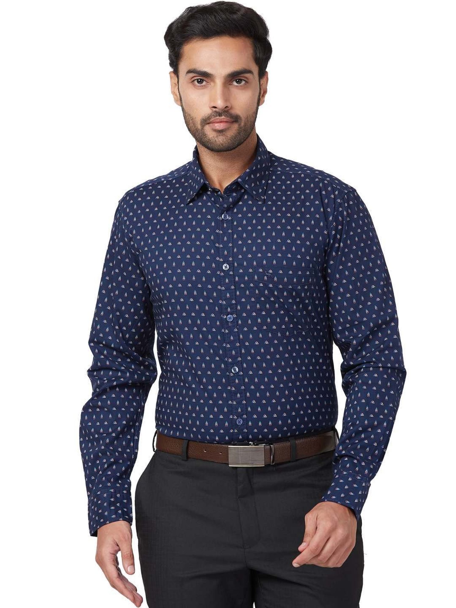 Parx Blue Cotton Slim Fit Printed Shirt