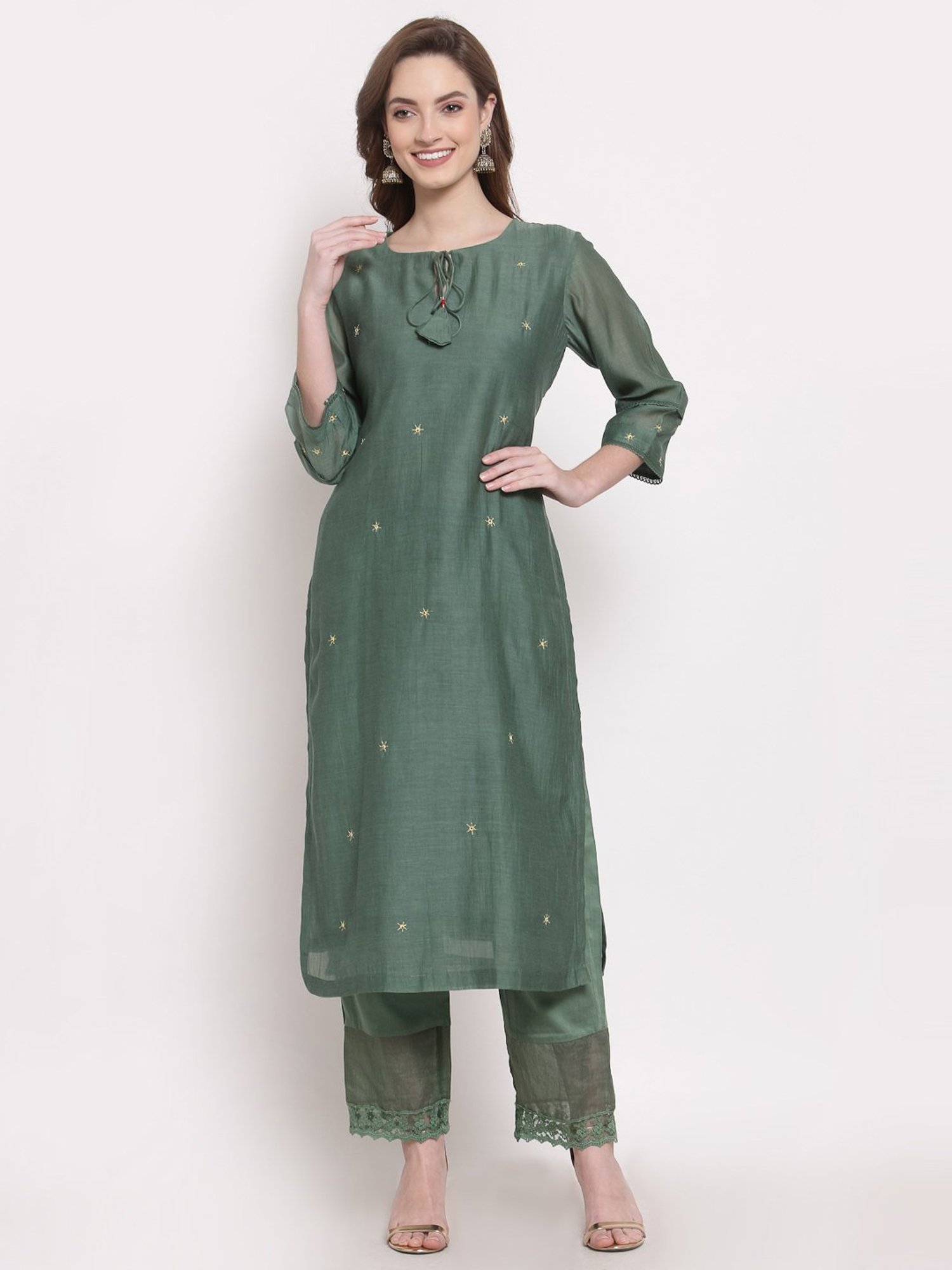 DART STUDIO Green Embroidered Straight Kurta