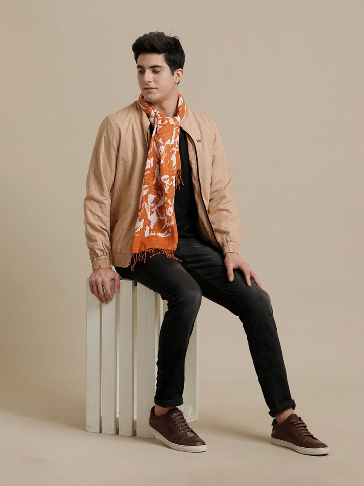 Linen Club Orange Printed Pure Linen Stole