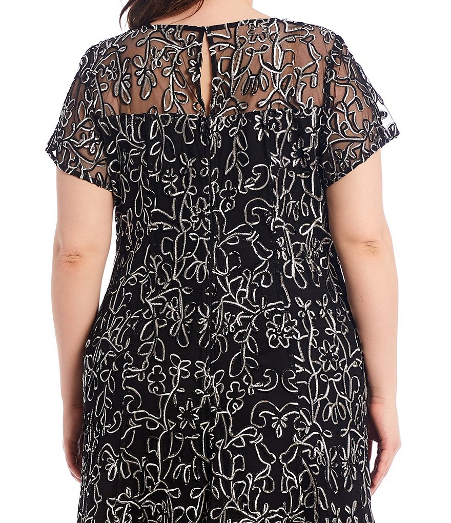 Ignite Evenings Plus Size Jewel Neck Short Sleeve Embroidered Soutache Lace Illusion Midi Dress