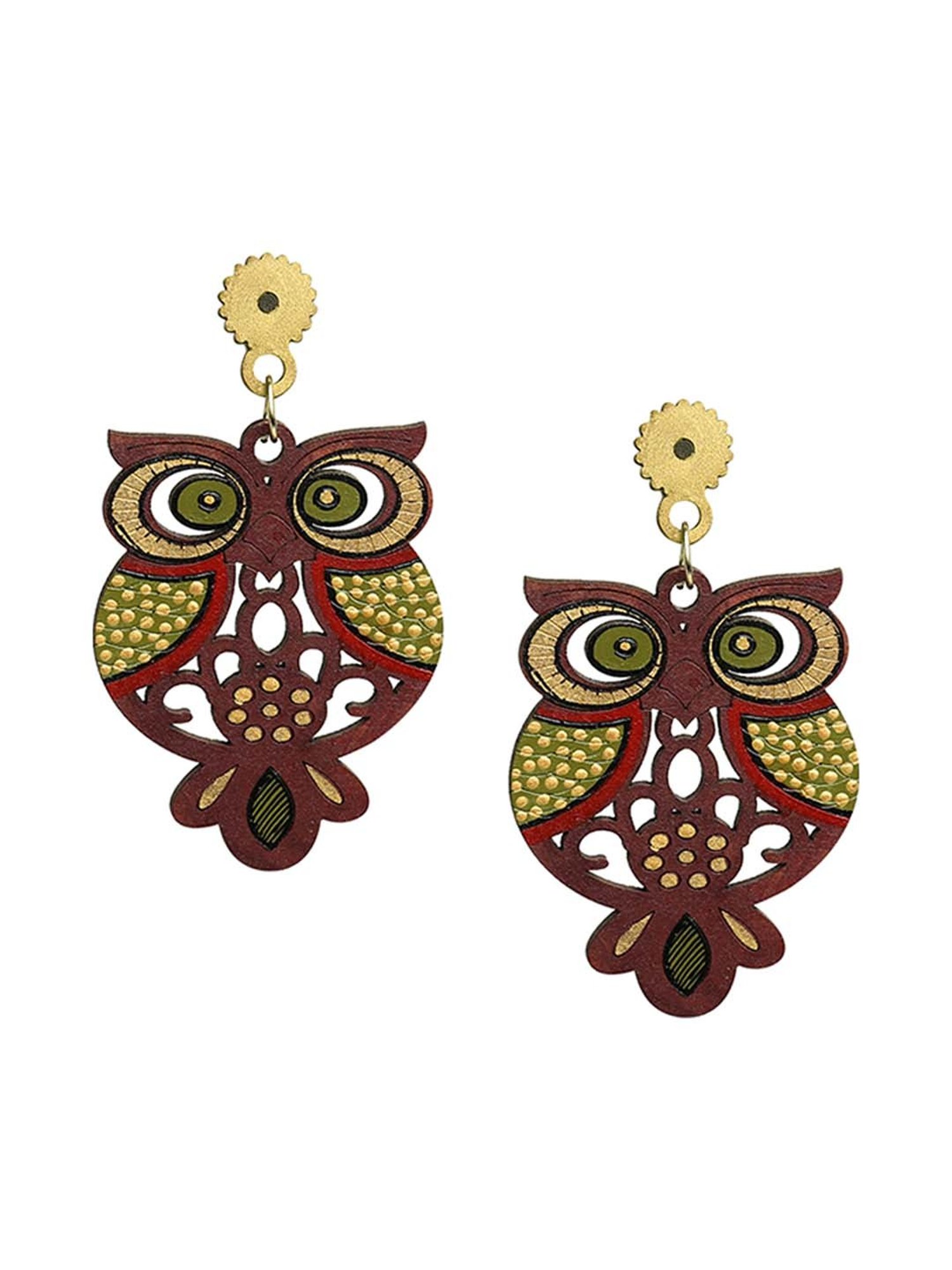 ExclusiveLane 'Symphony of Owls' Brown & Yellow Handpainted Earrings in Recycled Wood