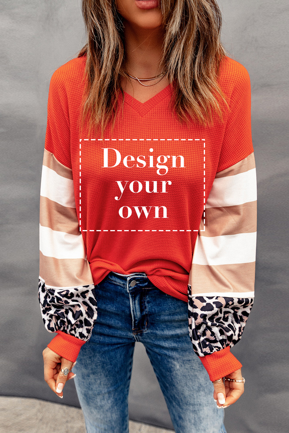 Blank Sweatshirt - Striped and Leopard Print Color Block V Neck Long Sleeve Top Customized