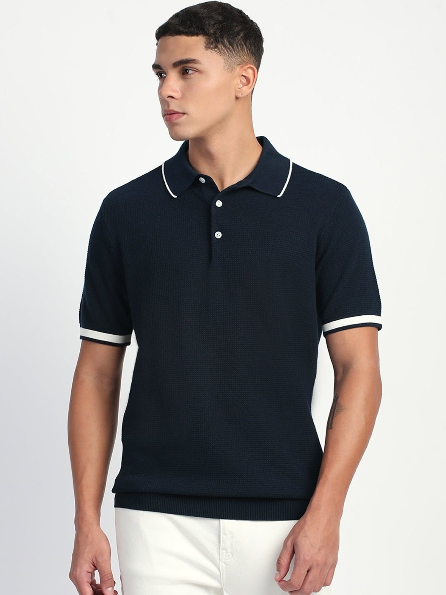 The Bear House Blue Cotton Regular Fit Self Pattern Polo T-Shirt