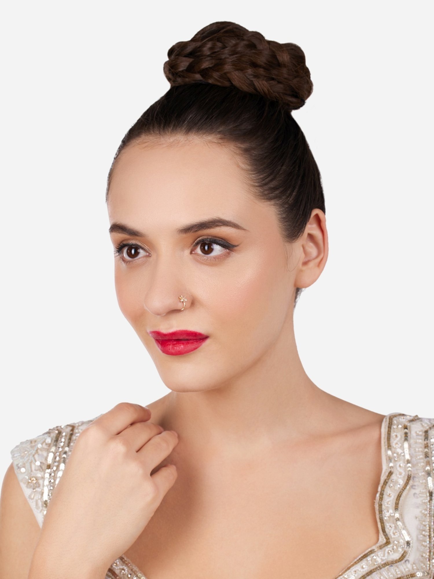 Zaveri Pearls Gold Tone Cubic Zirconia Flower Contemporary Brass Clip On Nose Pin-ZPFK17179