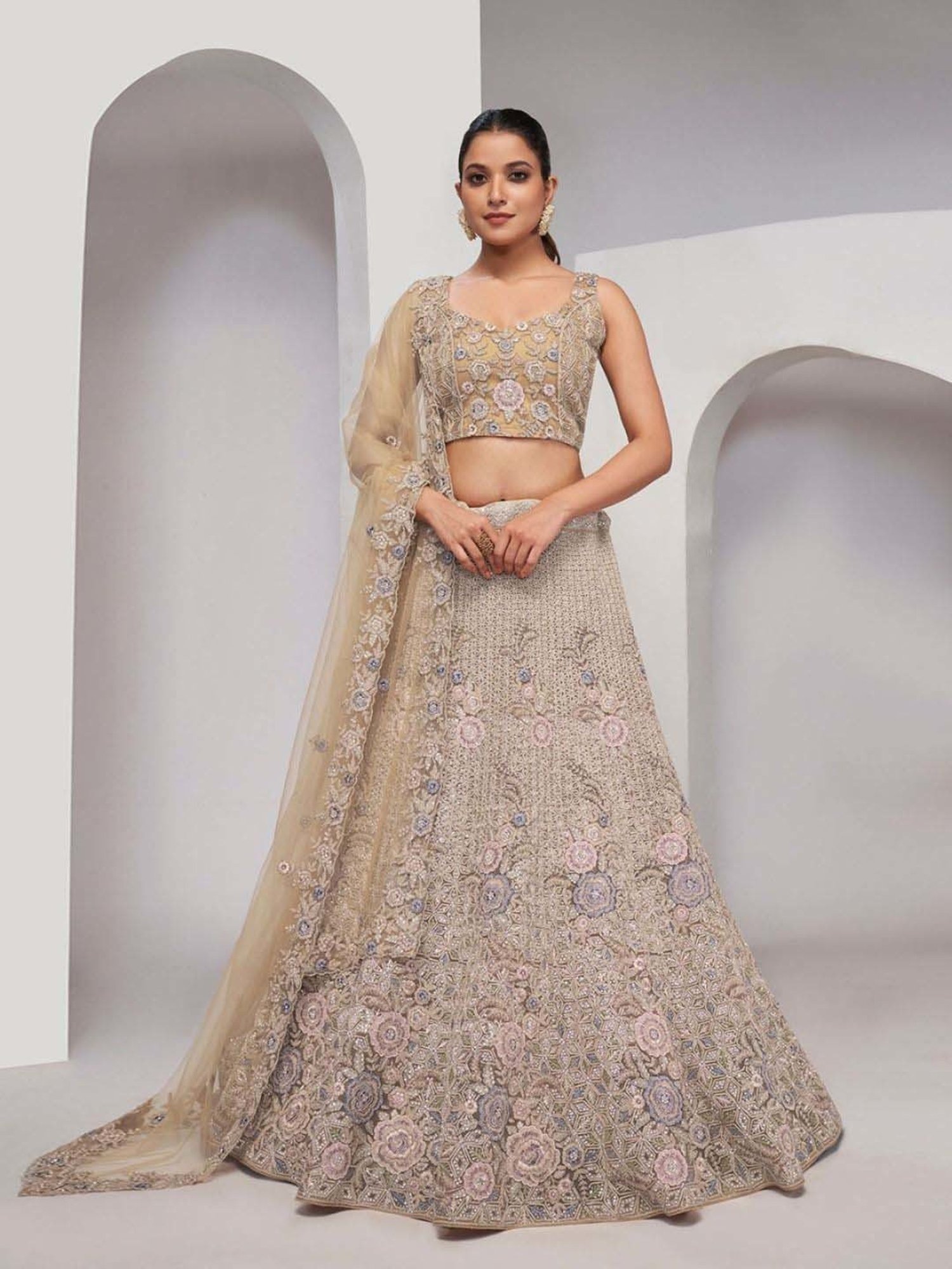 Odette Beige Embroidered Semi-Stitched Lehenga Choli Set with Dupatta