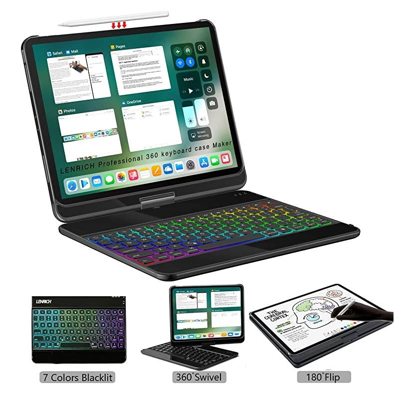 iPad pro 129 case with Keyboard 2018 3rd Gen Backlit7 Color Backlight 360 Rotatable Wireless Smart Folio 180 flip Swivel Stand Hard Shell Cover Auto SleepWake Black