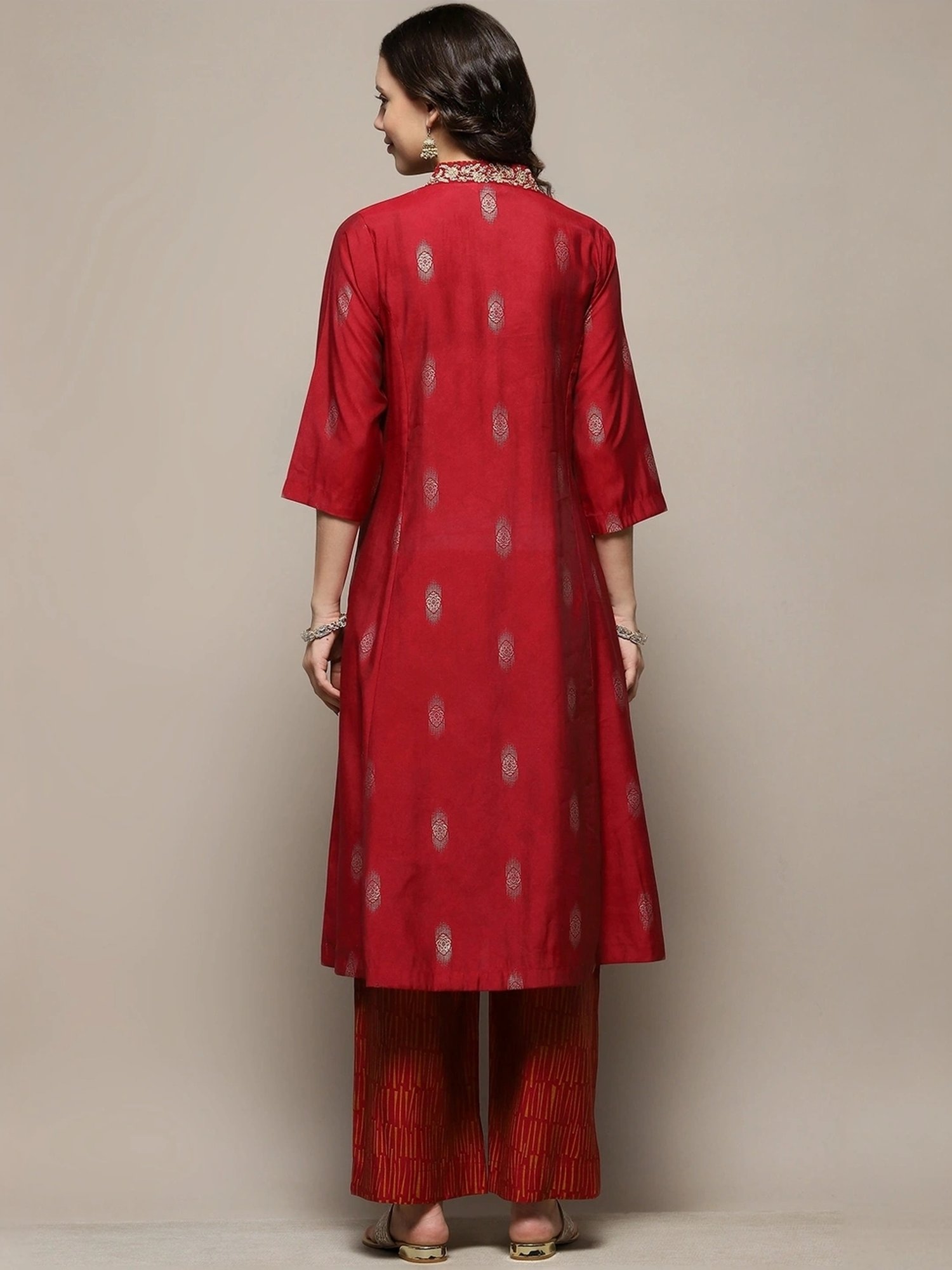 Biba Maroon Embroidered Kurta & Palazzo Set With Dupatta