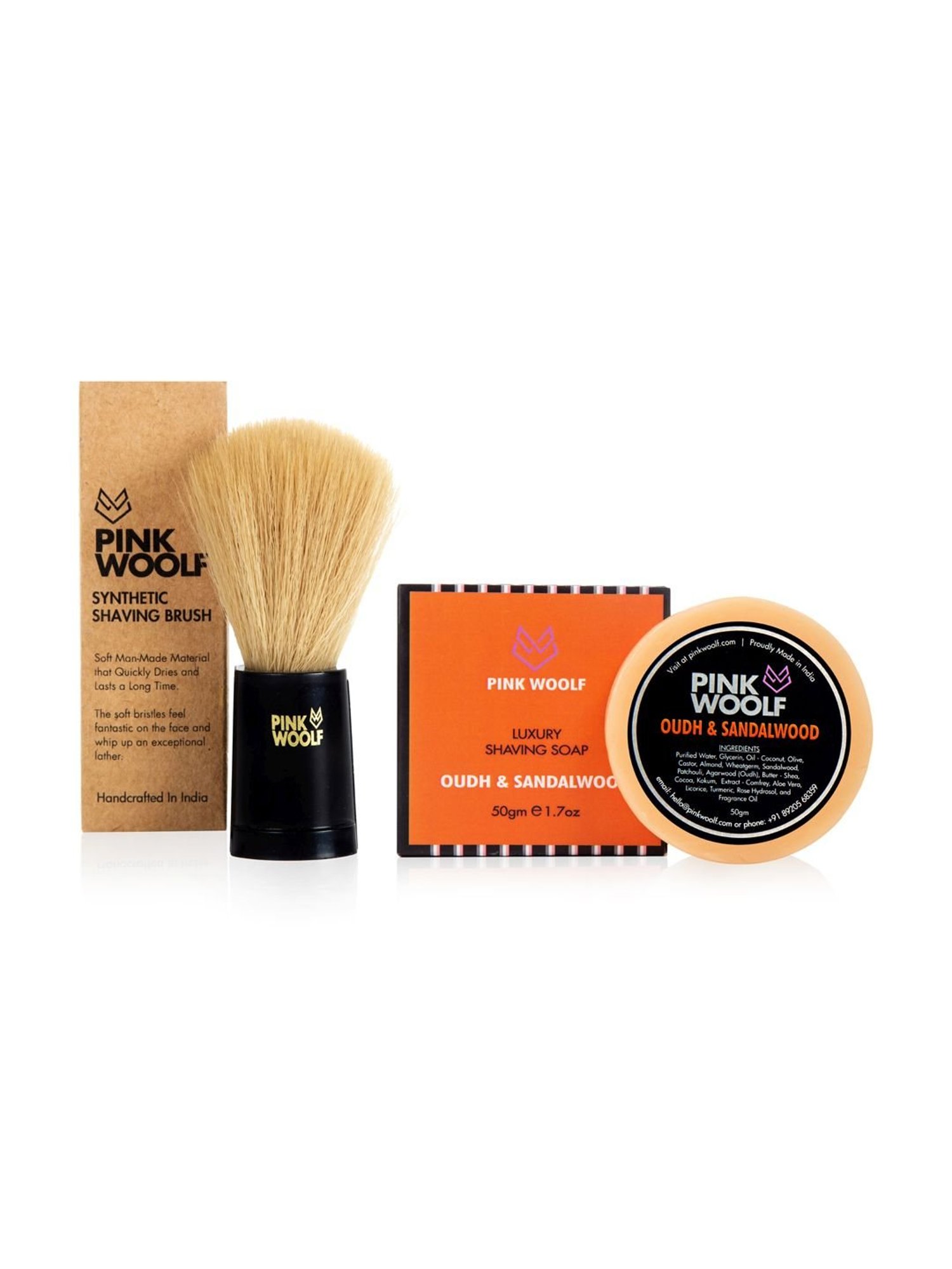 Pink Woolf Shaving COMBO Soft Bristles Shaving Brush and Shaving Soap REFILL Oudh & Sandalwood
