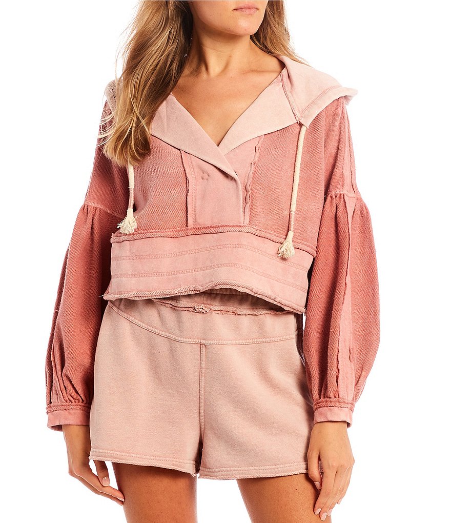 C&V Chelsea & Violet Mixed Media Balloon Sleeve Cropped Hoodie