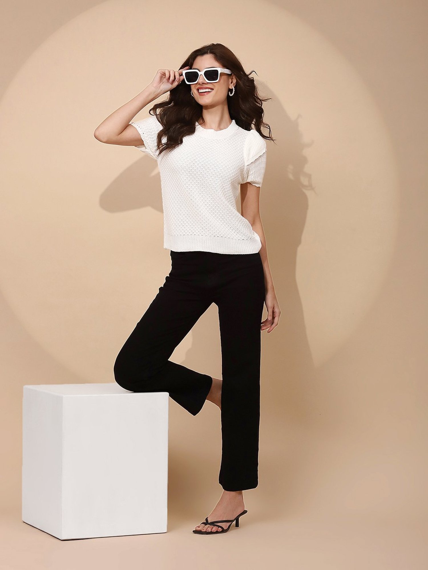 Global Republic White Self Design Top