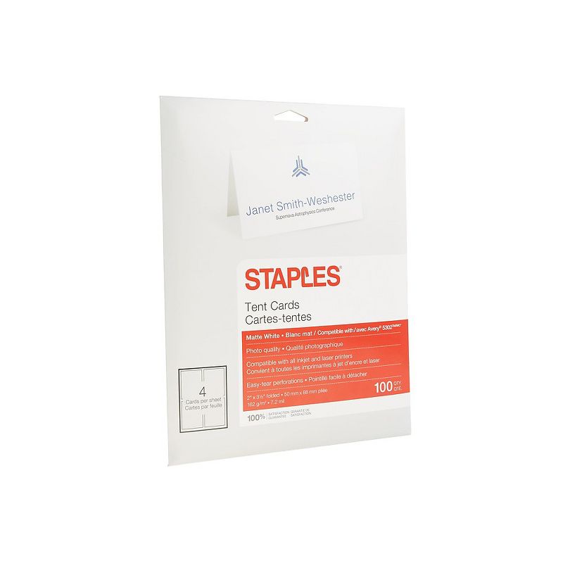 Staples 14634-CC Laser & Inkjet Tent Cards Matte White 100/Pack 