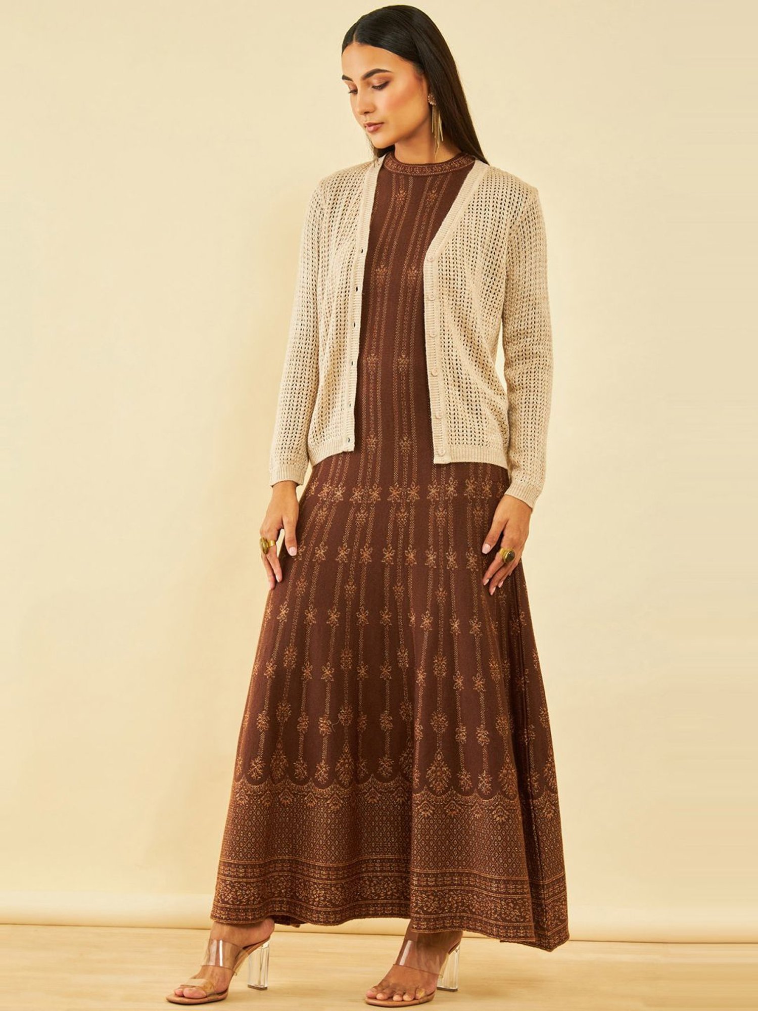 Soch Beige Acrylic Pointelle Knit V-Neck Cardigan with Ribbed Hems