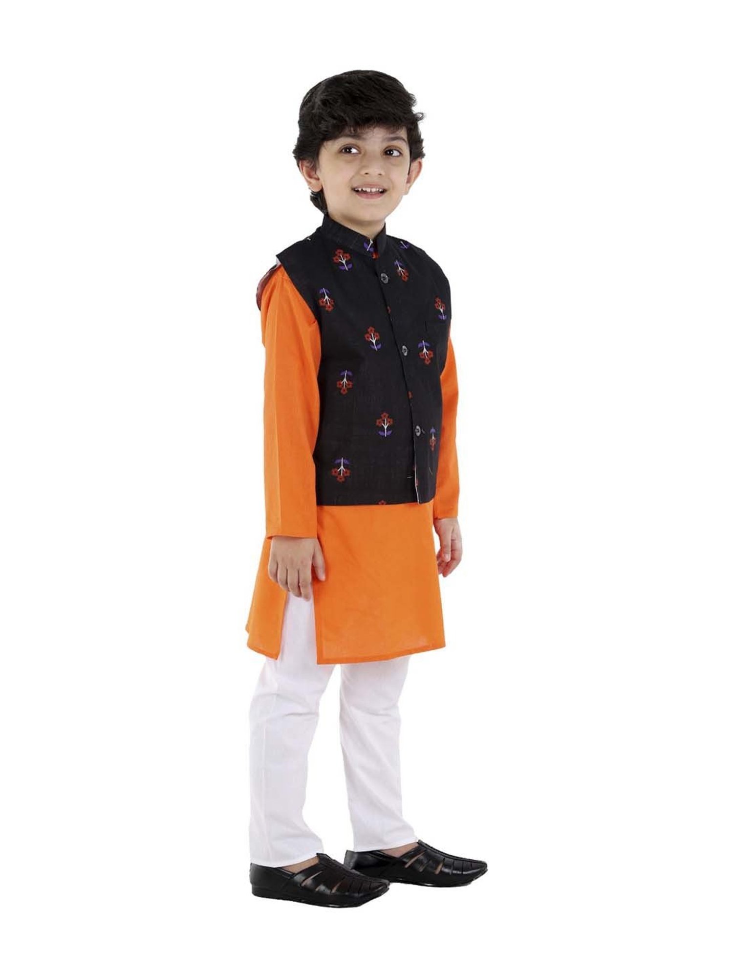 Ahhaaaa Kids Blue & Orange Cotton Floral Print Kurta Set
