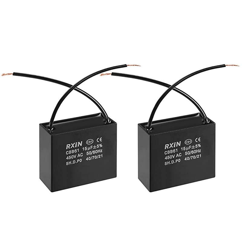 Ceiling Fan Capacitor CBB61 15uF 450V AC 2 Wires Metalized Polypropylene Film Capacitors 58x28x50mm for Water Pump Motor Generator, Pack of 2