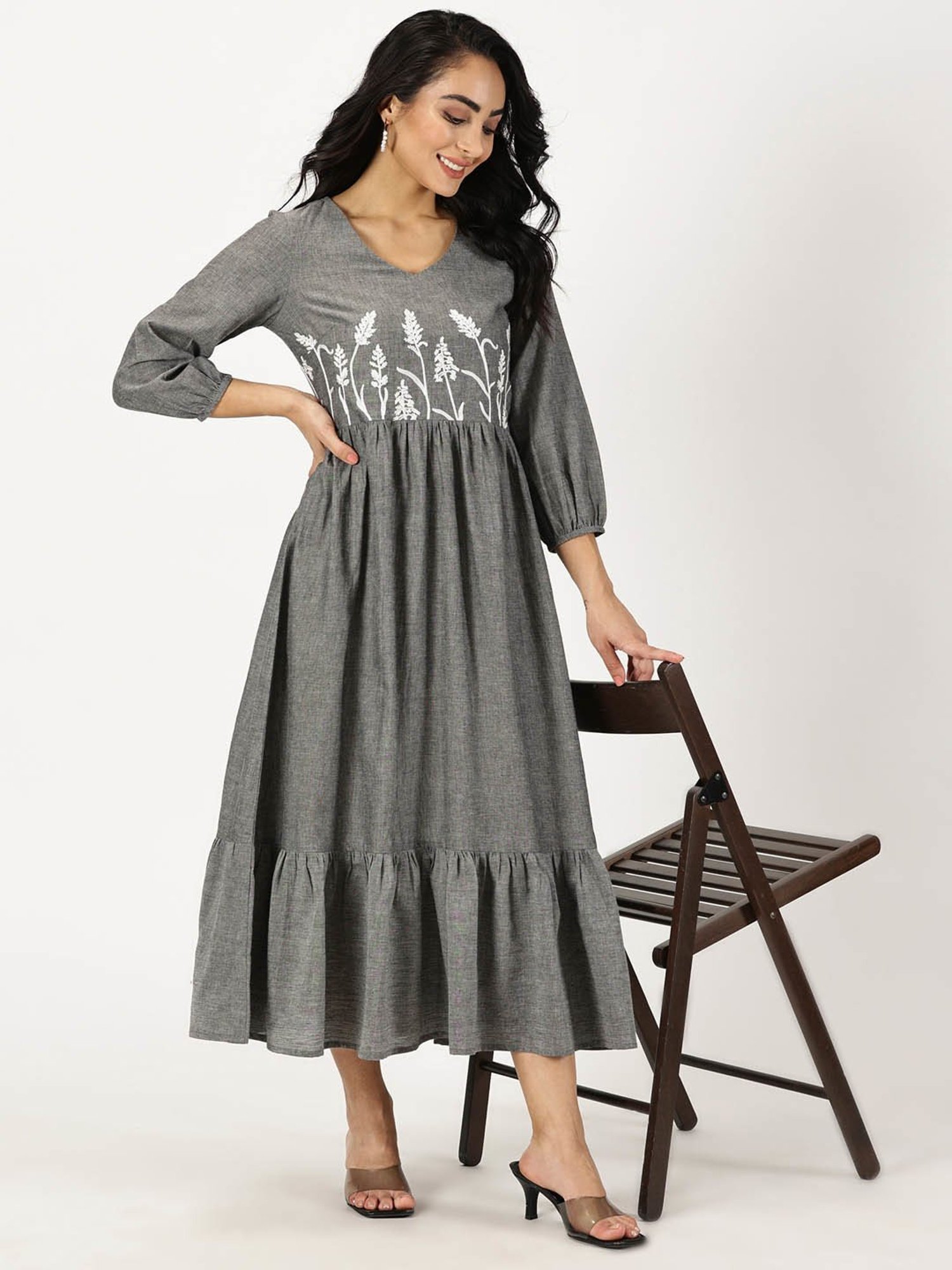 Saffron Threads Grey Cotton Embroidered Ethnic Dress