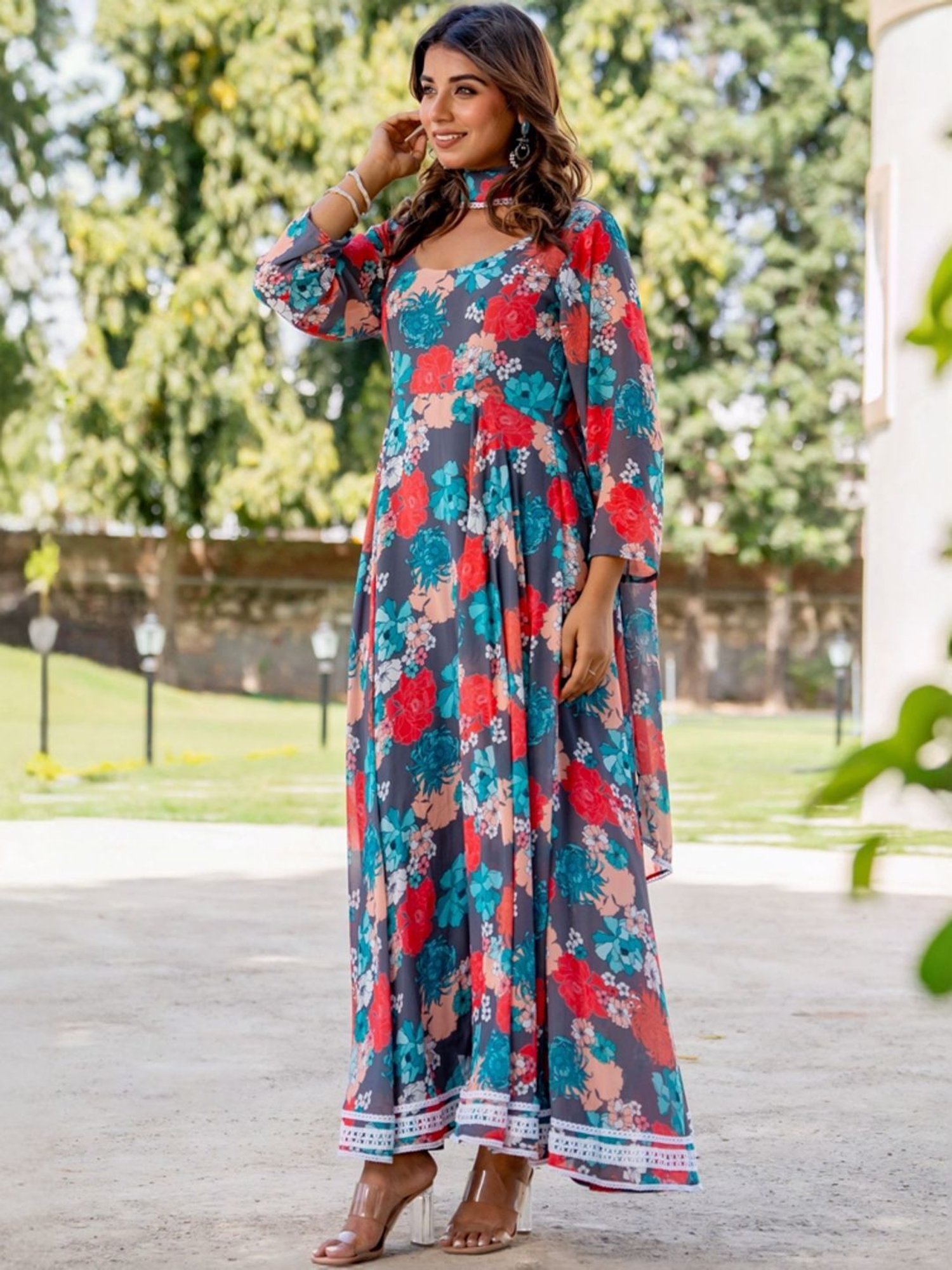 HOUSE OF JAMOTI Grey Printed Anarkali Kurta With Dupatta