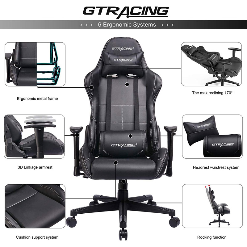GTRACING Gaming Chair Ergonomic Racing Desk Chair PU Leather High-Back Adjustable Professional E-Sports Chair with Headrest and Lumbar Pillows GTBEE Series
